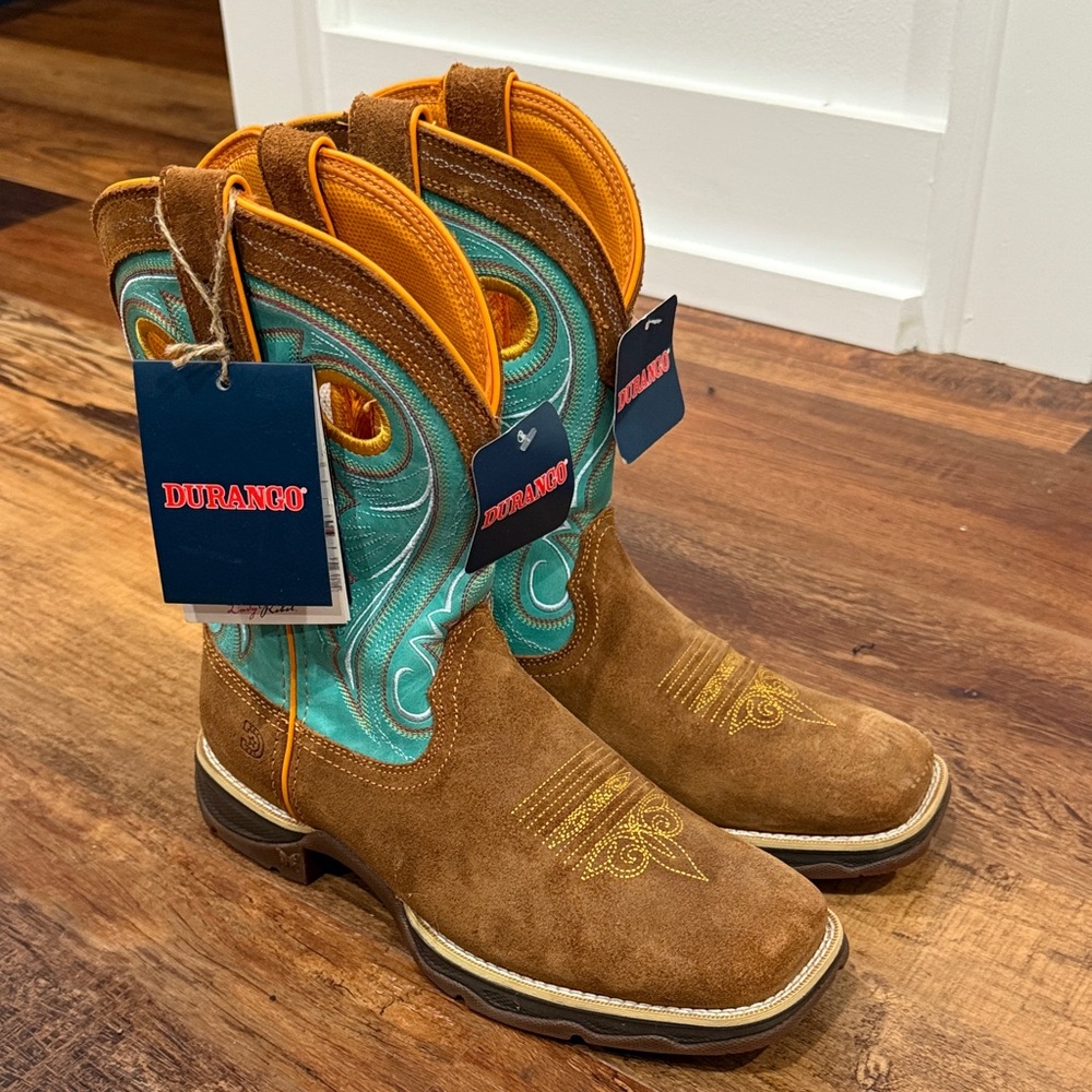 Durango Women’s Rebel 10” Waterproof Tan and Teal Cowboy Boots